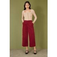 Burgundy Cord Cropped Wide Leg Trousers With Pockets