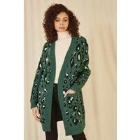 Green Animal Intarsia Long Cardigan