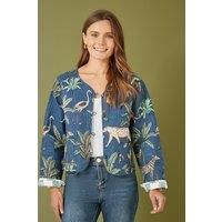 Blue Animal Print Reversible Cotton Cropped Quilted Jacket