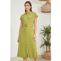 Green Viscose Linen Look Midi Shirt Dress With Wooden Belt
