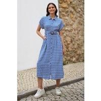 Yumi Blue Viscose Midi Shirt Dress with Matching Belt (UK, Numeric, 16, Regular, Regular, Blue)