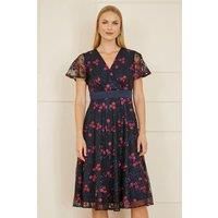 Yumi Navy Embroidered Floral Mesh Wrap Midi Skater Dress