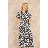 Yumi Navy Abstract Animal Print Relaxed Midi Shirt Dress with Belt (UK, Numeric, 8, Regular, Regular, Navy)