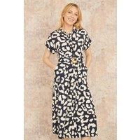 Yumi Navy Abstract Animal Print Relaxed Midi Shirt Dress With Belt