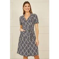 Yumi Navy Leaf Print Retro Shirt Dress