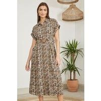 Brown Abstract Animal Print Relaxed Midi Shirt Dress With Belt