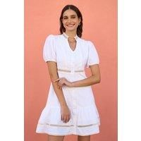 White Cotton Lace Trim Skater Shirt Dress