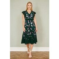 Green All Over Floral Embroidery Midi Skater Dress