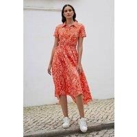 Coral Tropical Leaf print Midi Ruched Shirt Dress