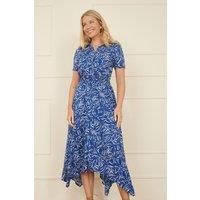 Yumi Women's Blue Leaf Print Dip Hem Midi Shirt Dress | Size: 8