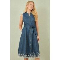 Blue Chambray Cotton Midi Embroidered Shirt Dress