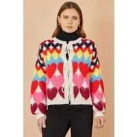 Yumi Women's Multi-colour Tie Front Heart Intarsia Cardigan | Size: Large
