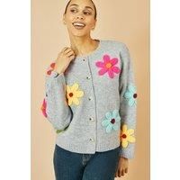 Grey Knitted Flower Applique Cardigan