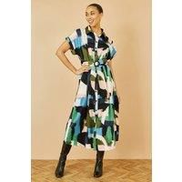 Yumi Women's Blue Brushstroke Print Relaxed Midi shirt Dress | Size: 12