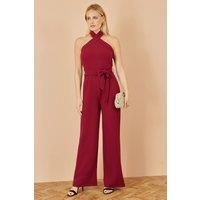 Yumi Burgundy Cross Over Halter Neck Jumpsuit (Burgundy, 14)