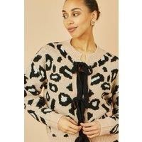 Yumi Women's Beige Animal Print Intarsia Tie Front Cardigan | Size: Medium