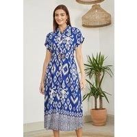 Yumi Blue Abstract Geo Print Relaxed Midi Shirt Dress With Belt