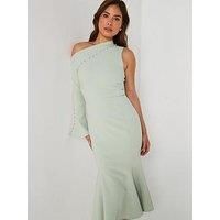 Lavish Alice Asymmetric Sleeve Micro Button Long Midi Dress - Green