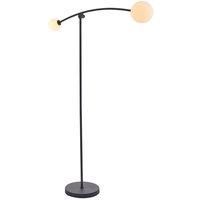 Matt Black Standing Twin Floor Lamp Light - Gloss Opal Glass Shades - Adjustable