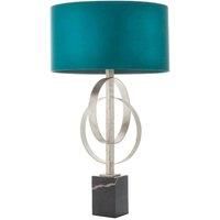 Antique Silver Table Lamp & Teal Satin Shade - Black Marble Base Desk Light