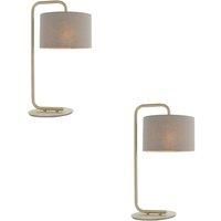 Loops 2 PACK Satin Champagne Table Lamp - 23cm Grey Fabric Cylinder Shade - Desk Light