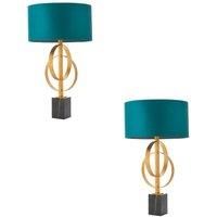 Loops 2 PACK Antique Gold Table Lamp & Teal Satin Shade - Black Marble Base Desk Light
