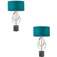 2 PACK Antique Silver Table Lamp & Teal Satin Shade Black Marble Base Desk Light
