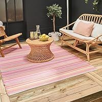 THE RUGS Rainbow Collection Outdoor Rug - Easy to Clean, Waterproof Plastic Outdoor Rugs for Garden, Patio, Balcony, Camping - Vibrant Plastic Straw Rug - Threads Pink, 180x270