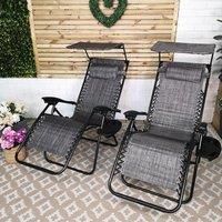 Pack of Two Multi Position Garden Gravity Relaxer Chair Sun Loungers with Sun Canopy in Grey