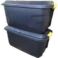 2 x 75L Heavy Duty Trunks on Wheels Sturdy, Lockable, Stackable and Nestable Design Storage Chest with Clips in Black