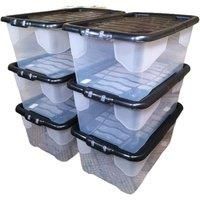 6 x 42L Clear Storage Box with Black Lid Stackable and Nestable Storage Solution