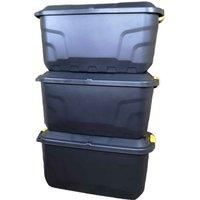 3 x 75L Heavy Duty Trunks on Wheels Sturdy, Lockable, Stackable and Nestable Design Storage Chest with Clips in Black