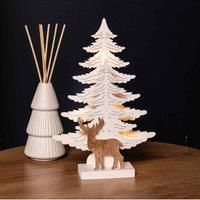 25cm Battery Operated Wooden Reindeer & Tree Decoration with Warm White LEDs