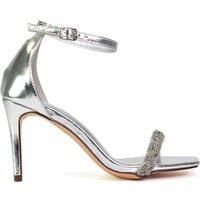 XY London Women's 'Peyton' Diamante Strappy Party Square Toe Mid High Heel Stiletto Sandals in Metallic Silver | Size: 7