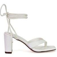 XY London Women's 'Kiko' Lace Up Thong Square Toe Strappy Mid Block Heel Sandals in White | Size: 6