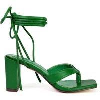 XY London Women's 'Kiko' Lace Up Thong Square Toe Strappy Mid Block Heel Sandals in Green | Size: 4