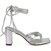 XY London Women's 'Kiko' Lace Up Thong Square Toe Strappy Mid Block Heel Sandals in Metallic Silver | Size: 3