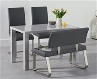 Atlanta 120cm Light Grey High Gloss Dining Table with Malaga Chairs and Malaga Grey Bench