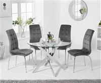 Denver 120cm Glass Dining Table With 4 Grey Calgary Velvet Chairs