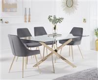 Denver 160cm Rectangular Gold Leg Glass Dining Table With 4 Blue Fern Velvet Chairs