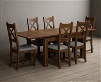 Hampshire 140cm Rustic Solid Oak Extending Dining Table With 6 Light Grey Solid Oak X Back Chairs