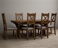 Atlas 180cm Rustic Solid Oak Extending Dining Table With 6 Light Grey Rustic Solid Oak X Back Chairs