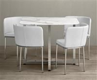 Rhodes White Marble Stowaway Dining Table with White High Back Stools