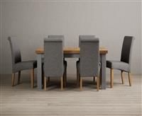 Hampshire 140cm Oak and Light Grey Extending Dining Table With 6 Blue Scroll Back Chairs