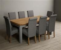 Hampshire 180cm Oak and Light Grey Extending Dining Table With 6 Blue Scroll Back Chairs