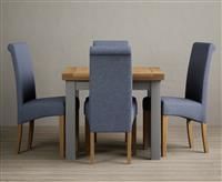 Hampshire 90cm Oak and Light Grey Extending Dining Table With 4 Blue Scroll Back Chairs