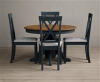 Hertford Oak and Dark Blue Painted Pedestal Extending Dining Table With 4 Charcoal Grey Hertford Chairs