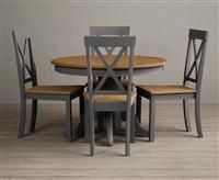 Extending Hertford Oak and Mid Grey Painted Pedestal Dining Table with 4 Charcoal Grey Hertford Chairs