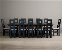 Extending Atlas 180cm Oak and Dark Blue Dining Table with 6 Brown Flow Back Chairs
