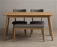 Nordic 150cm Solid Oak Dining Table with 2 White Nordic Chairs and 1 Grey Nordic Benches